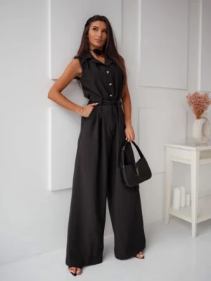 Elegancki kombinezon czarny z wiązaniem w talii