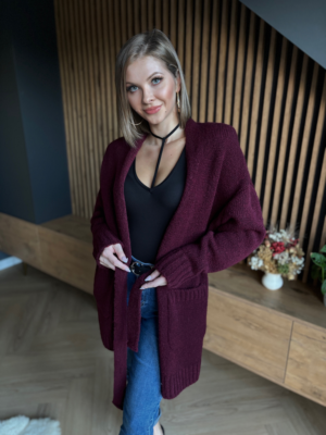 Kardigan burgundowy oversize z wiązaniem w pasie