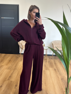 Luźny komplet dresowy z wełną bordo